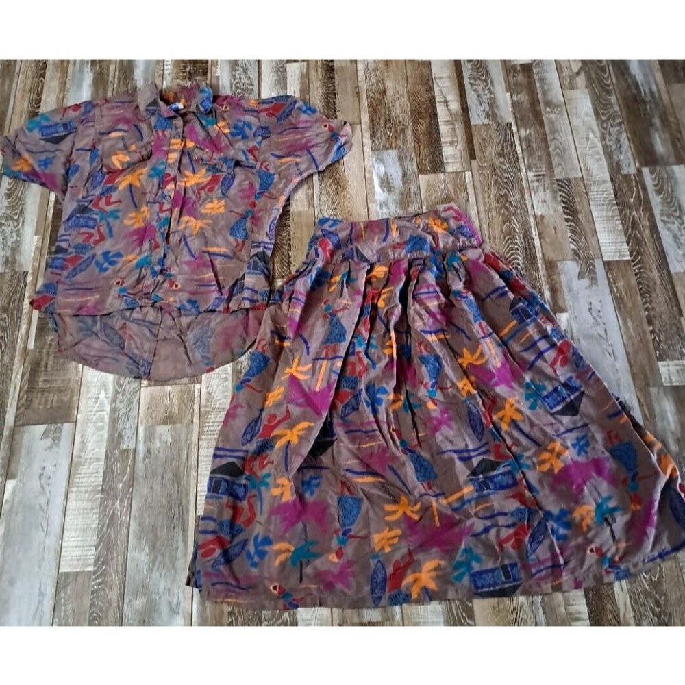 Womens Vintage Skirt Set 90s Graphic Tropical Surf Print Gray Rayon Blend S/M